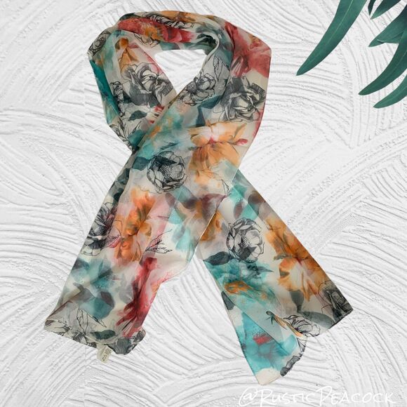 Floral Neck Scarf Women's Multicolor Artsy Floral Sheer Colorful Necktie Italy - Picture 6 of 8